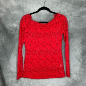 Red Lace Top Women Medium Long Sleeves Shear Floral Lace Romantic Coquette Comfy